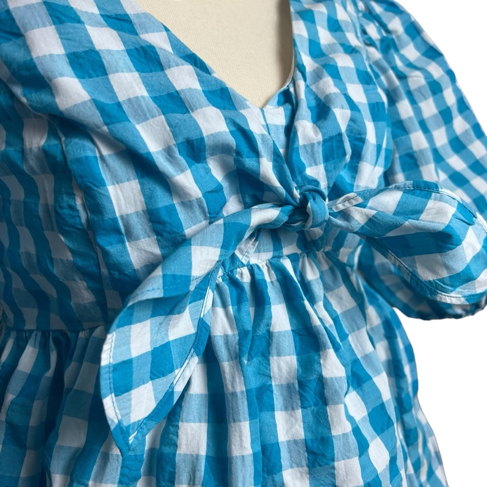 Lilly Pulitzer Sarafina Puff Sleeve Top Size 4 | Turquoise Oasis Crinkle Gingham - Picture 6 of 16